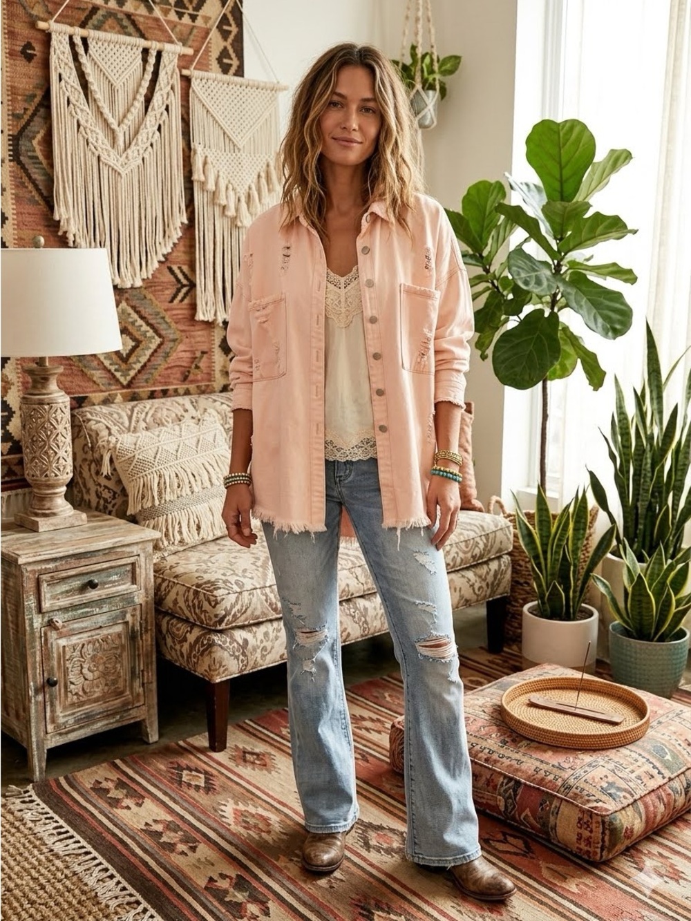Pol Light Pink Distressed Denim Shacket